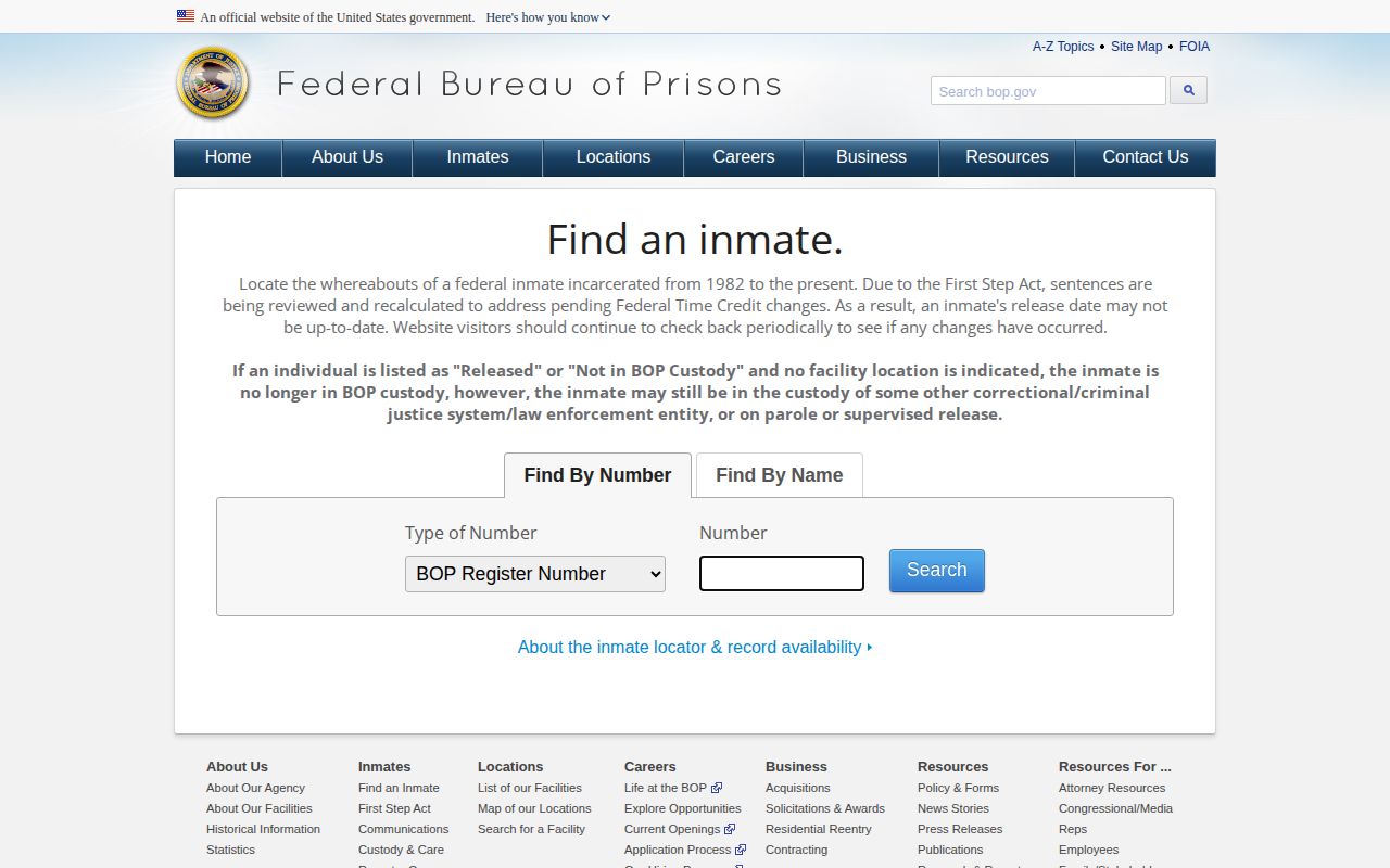 BOP federal inmate locator for Tate County federal release verification