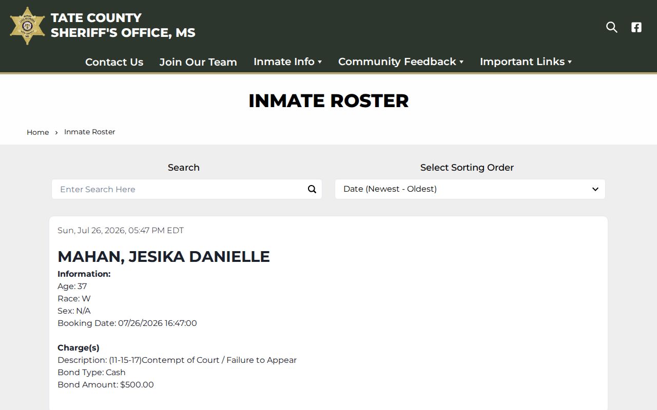 Tate County released inmate mugshot source showing the official current roster and no photo archive
